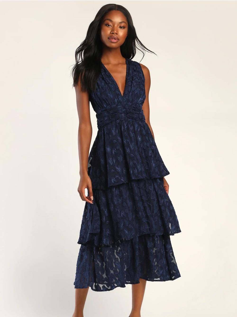 Lulu's Make It Mesmerizing Navy Blue Jacquard Tiered Midi Dress